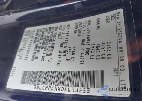 2013 Nissan Nv200 Sv z USA, uszkodzony, nr VIN 3N6CM0KNXDK693553